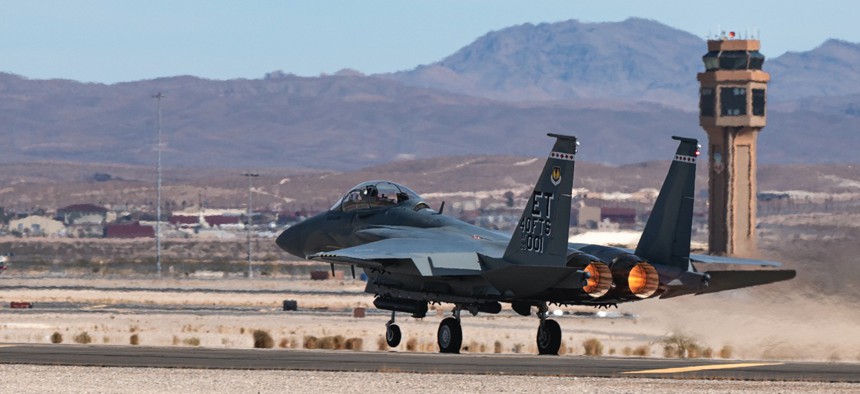 An F-15EX Eagle II Fighter Jet assigned to the 40th Flight Test Squadron, Eglin Air Force Base, Florida, takes off from Nellis Air Force Base, Nevada, Oct. 21, 2021.