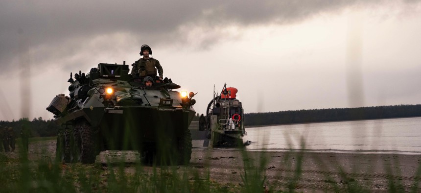 As part of the Estonian-led exercise Siil 22, U.S. Marines with the 22nd Marine Expeditionary Unit off-load from LCACs on Saaremaa Island, Estonia, on May 20, 2022.
