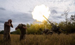 Ukrainian artillerymen fire a self-propelled 203mm cannon "2s7 Pion" on the southern frontline of Ukraine on September 15, 2022.