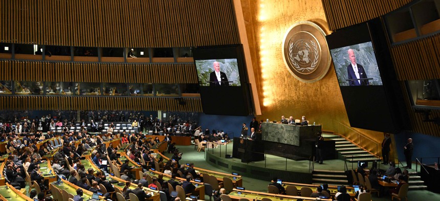 US President Joe Biden addresses the 77th session of the United Nations General Assembly at the UN headquarters in New York City on September 21, 2022.