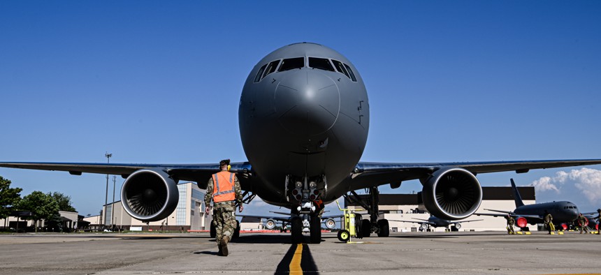 An Airman assigned to the 305th Air Mobility Wing approaches a KC-46A Pegasus on Joint Base McGuire-Dix-Lakehurst, N.J.