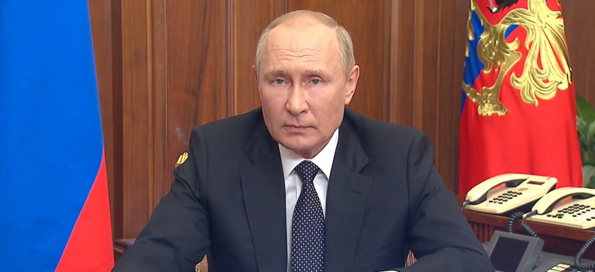Russian President Vladimir Putin delivers a speech in televised address to nation to announce partial military mobilization in Russia, in Moscow, Russia on September 21, 2022. 