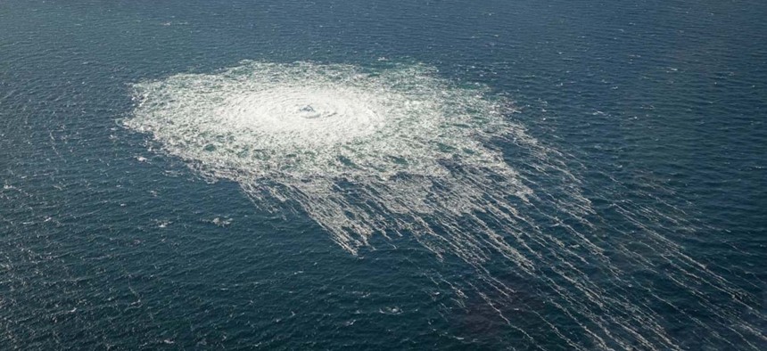 One of three natural-gas leaks from Russia's Nord Stream 2 pipeline in the Baltic Sea, as photographed from a Danish F-16 based on the island of Bornholm on Sept. 26 or 27, 2022.
