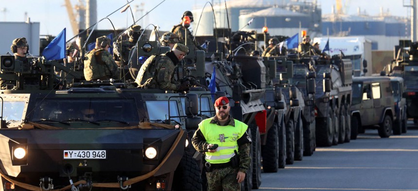 Members of the German Bundeswehr 41st Mechanized Infantry Brigade Forward Command Element, 1st Panzer Division are pictured upon arrival in the port of Klaipeda, Lithuania on September 4, 2022.