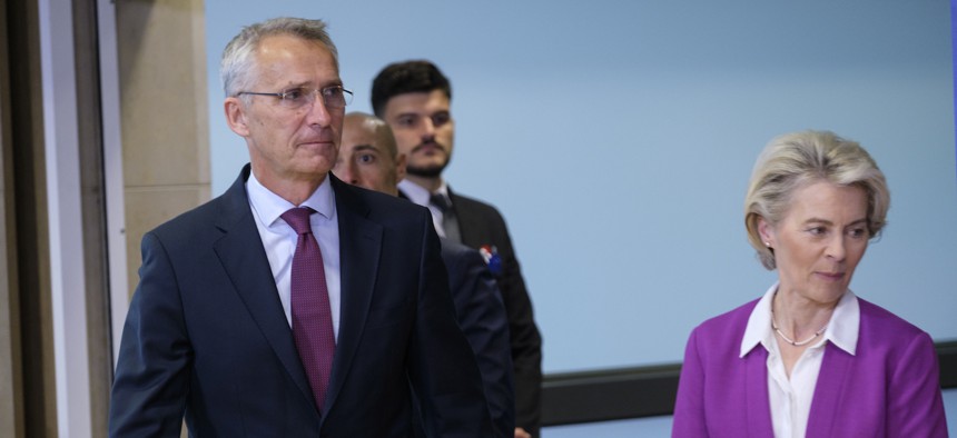 North Atlantic Treaty Organization Secretary General Jens Stoltenberg (L) is welcome by the EU Commission President Ursula von der Leyen (R) prior to a bilateral meeting in Brussels, Sept. 26, 2022.