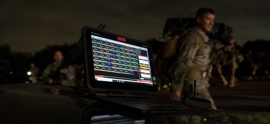 A compute displays up to 300 data points monitoring the strengths and weaknesses of Air Force Special Operations recruiters during an after-midnight ruck march at the 350th Battlefield Airman Training Squadron at Joint Base San Antonio-Lackland in San Antonio, Texas June 28, 2018.