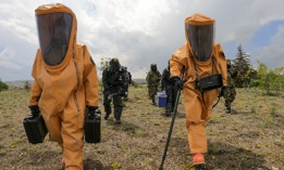 Turkish Members of CBRN Specialist Defense Squadron affiliated to the 1st Main Jet Base Command in Eskisehir and specializing in chemical, biological, radiological and nuclear (CBRN) attacks, attend training exercise by creating combat conditions in Konya, Turkiye on July 17, 2022.