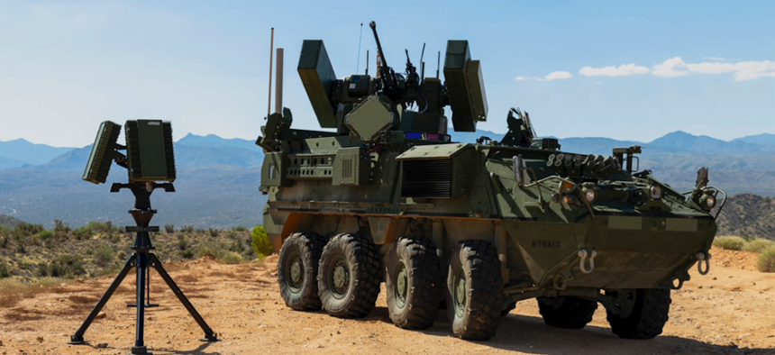 A Leonardo counter-drone system on a Stryker armored vehicle.