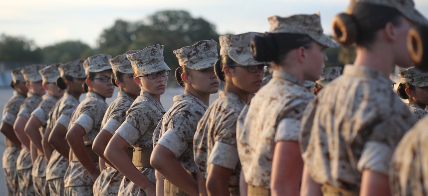 U.S. Marine Corps recruits stand in formation at Marine Corps Recruit Depot Parris Island in 2017. 