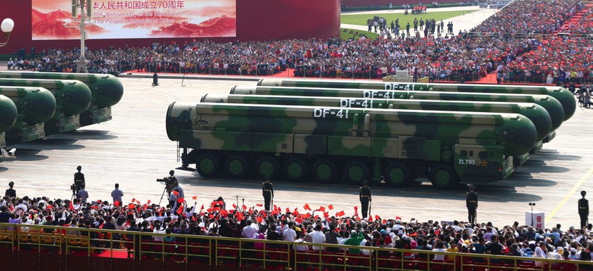 A 2019 photo shows Dongfeng-41 ICBMs in a military parade celebrating the 70th anniversary of the founding of the People's Republic of China in Beijing.