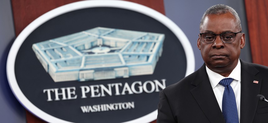 U.S. Secretary of Defense Lloyd Austin holds a media briefing at the Pentagon on October 27, 2022 in Arlington, Virginia. 