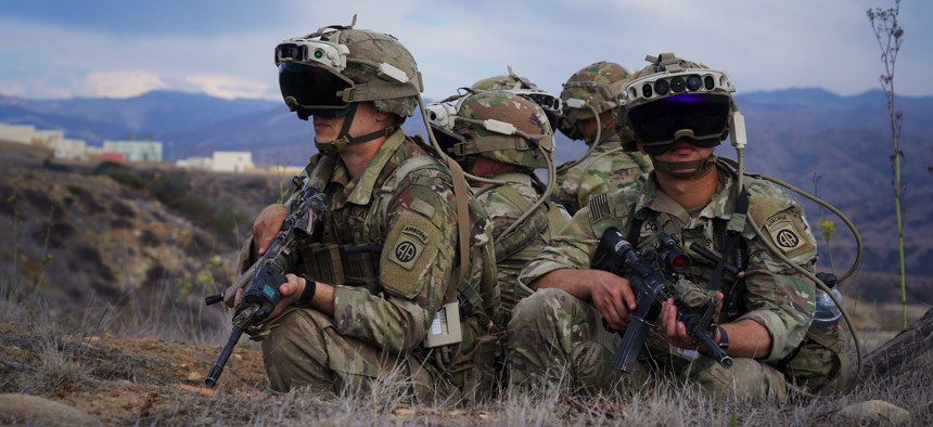 U.S. soldiers assigned to 82nd Airborne’s 3rd Brigade Combat Team train with the Integrated Visual Augmentation System as a part of Project Convergence 2022 (PC22) at Camp Talega, California, Oct. 11, 2022.