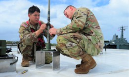 During an earlier distributed-mission-command experiment, two I Corps sergeants established communications aboard the USNS City of Bismarck at Naval Base Guam on Feb. 9, 2022. 