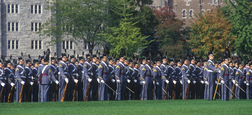 Cadets prepare to march at the U.S. Military Academy in West Point, N.Y.