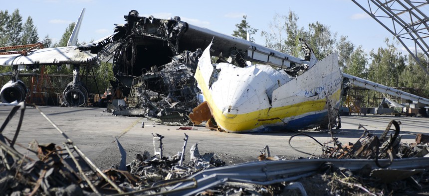 The Antonov An-225 Mriya, the world's largest cargo plane, destroyed by Russian troops is pictured at Antonov Airport near Hostomel, Kyiv Region, northern Ukraine. 
