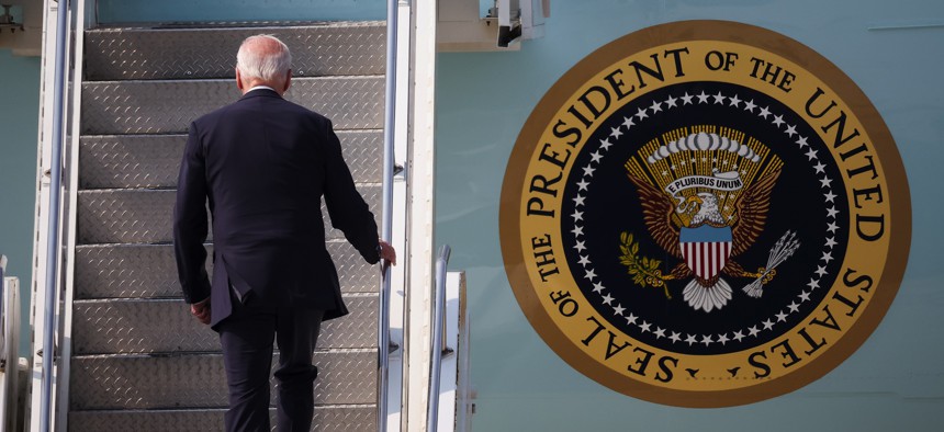 U.S. President Joe Biden boards Air Force One to leave Japan after his South Korea trip at Osan Air Force Base on May 22, 2022 in Pyeongtaek, South Korea.