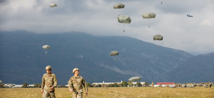 U.S. Army paratroopers with the 173rd Airborne Brigade conduct an Airborne operation with paratroopers from Germany’s 26th Airborne Regiment and Italy’s 4th Alpini Parachute Regiment at Juliet Drop Zone, Italy, Nov. 15, 2022. 