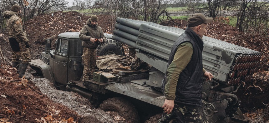 Ukrainian soldiers reload a Grad rocket launcher in Donetsk Oblast, Ukraine, on November 17, 2022. 