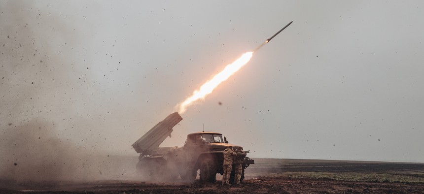 DONETSK, UKRAINE - NOVEMBER 17: Targets are hit by grad rockets of Grad Rocket Company of the Ukrainian Military Forces in Donetsk, Ukraine as Russia-Ukraine war continues on November 17, 2022.