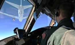 Lt. Col. Greg Van Splunder, a pilot with the 157th Air Refueling Wing, Pease Air National Guard Base, New Hampshire Air National Guard, guides his KC-46A Pegasus as it receives fuel from another Pease KC-46A during a 36-hour endurance mission, Nov. 16, 2022.