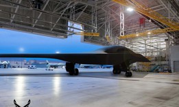 Artist rendering of a B-21 Raider in a hangar at Ellsworth Air Force Base, South Dakota, one of the future bases to host the new airframe. 