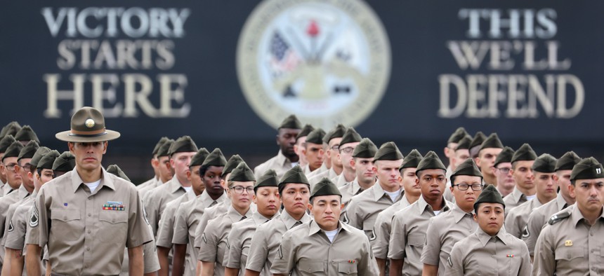  U.S. Army trainees attend their graduation ceremony during basic training at Fort Jackson on September 29, 2022 in Columbia, South Carolina. 
