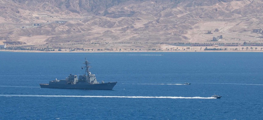 The guided-missile destroyer USS Nitze (DDG 94) sails with the Royal Jordanian Navy in the Red Sea on Sept. 13, 2022.