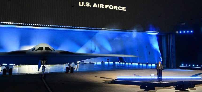 US Secretary of Defense Lloyd Austin speaks at the B-21 Raider unveiling ceremony at Northrop Grumman's Air Force Plant 42 in Palmdale, California, December 2, 2022. 