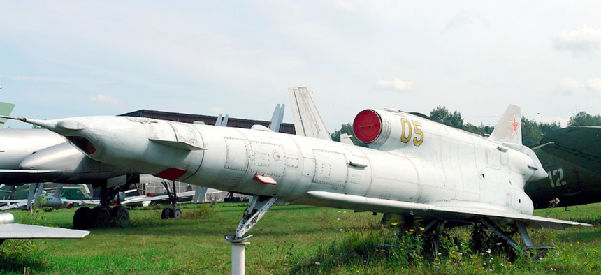 Russia says Ukraine hit two air bases with modified version of the Soviet-era Tu-141 Strizh reconnaissance drone, seen here at Russia's Central Air Force Museum in Monino in 2006.