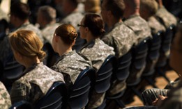 Soldiers attend the commencement ceremony for the U.S. Army's 2015 observance of Sexual Assault Awareness and Prevention Month in the Pentagon courtyard.