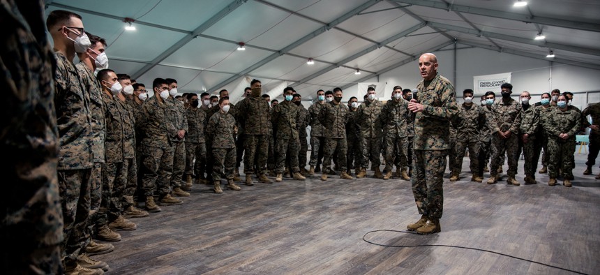 U.S. Marine Corps Gen. David H. Berger, the 38th Commandant of the Marine Corps, addresses the Marines and Sailors of 23rd Marine Regiment at Fort Pickett, Virginia, on Jan. 27, 2022.U.S. Marine Corps Gen. David H. Berger, the 38th Commandant of the Marine Corps, addresses the Marines and Sailors of 23rd Marine Regiment at Fort Pickett, Virginia, on Jan. 27, 2022.