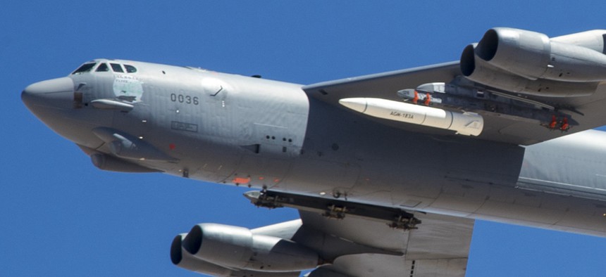 In this 2019 photo, a B-52 carries an AGM-183A Air-launched Rapid Response Weapon aloft for a test. 