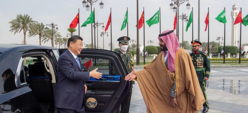 Chinese President Xi Jinping is welcomed by Crown Prince of Saudi Arabia Mohammed bin Salman Al Saud in Riyadh, Saudi Arabia, on December 8, 2022.