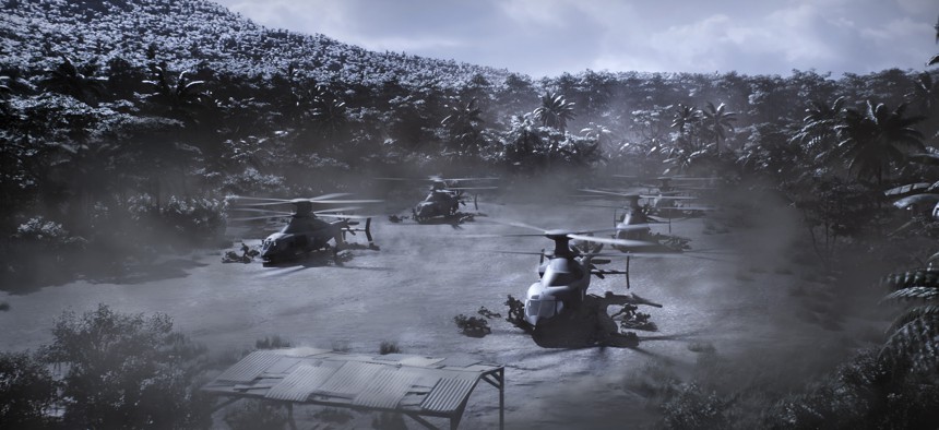 An artist rendering of the Sikorsky and Boeing DEFIANT X helicopters.