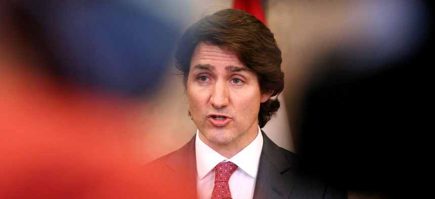 Canada's Prime Minister Justin Trudeau speaks in Ottawa, Canada, on February 14, 2022. 