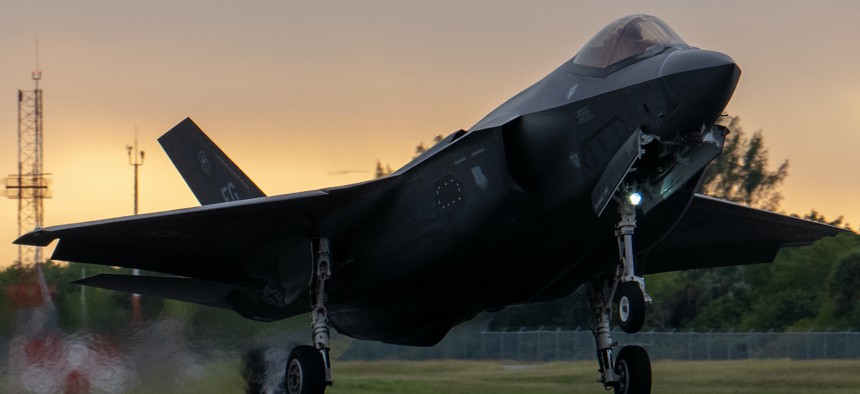 An F-35A Lightning II aircraft assigned to the 33rd Fighter Wing, Eglin Air Force Base, Florida, lands at MacDill Air Force Base, Florida, Dec. 16, 2022.