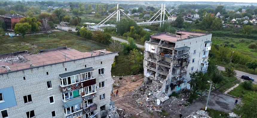 An apartment buildings sits destroyed in Izium, Ukraine, in a September 2022 photo.
