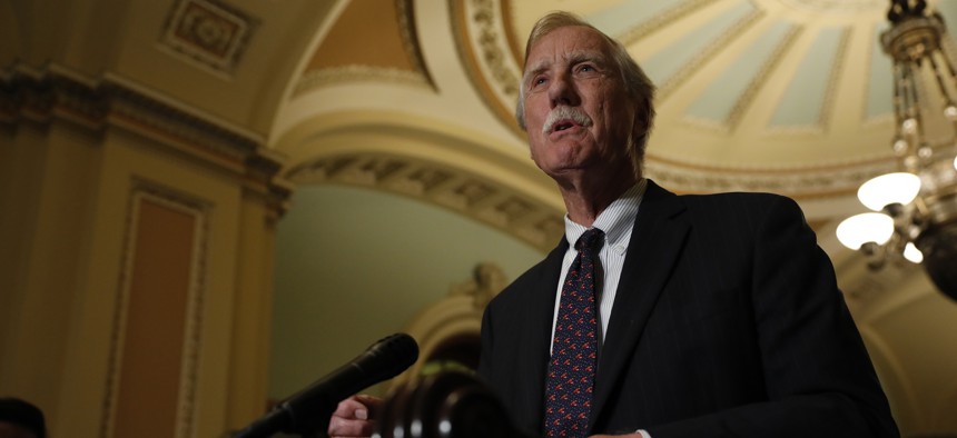 - JUNE 26: Sen. Angus King (I-ME) speaks with reporters following the weekly policy luncheons at the U.S. Capitol June 26, 2018 in Washington, DC.