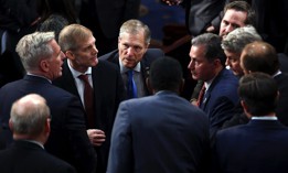 US Representative Kevin McCarthy (R-CA) speaks to US Representative Jim Jordan (R-OH) and fellow members of the House, as voting continued for a new speaker at the Capitol in Washington, D.C., on January 6, 2023.
