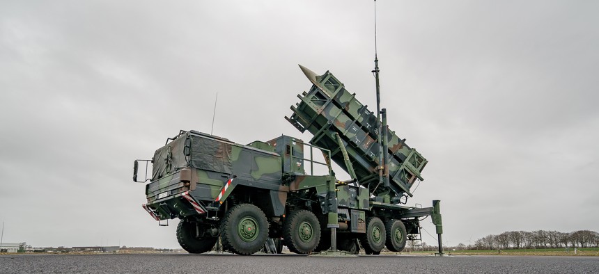 A combat-ready Patriot anti-aircraft missile system of the Bundeswehr's anti-aircraft missile squadron 1 stands on the airfield of Schwesing military airport. 