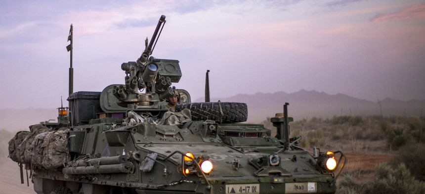 STRYKER assigned to 1st Brigade Combat Team, 4-17 Infantry Battalion passed the Combat Aviation Brigade's convoy on the way to Division's wide Iron Focus field exercise.