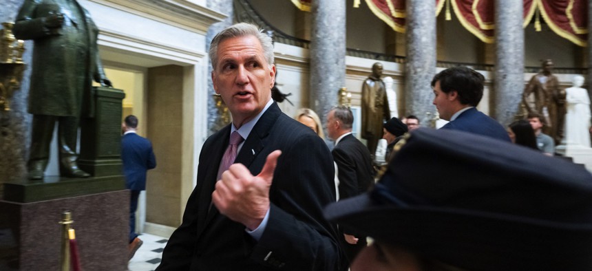 US Speaker of the House Kevin McCarthy, Republican of California, leaves after holding a press conference in Statuary Hall at the US Capitol on January 12, 2023.