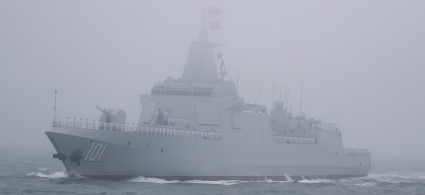 The Type 055 guided missile destroyer Nanchang of the Chinese People's Liberation Army (PLA) Navy participated in a naval parade near Qingdao, China, in 2019.