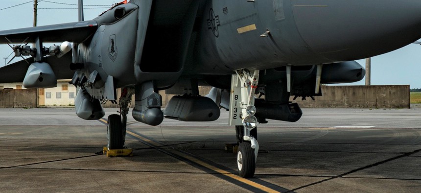 An F-15E Strike Eagle is loaded with five JASSM missiles at Eglin Air Force Base, Fla., May 11, 2021.