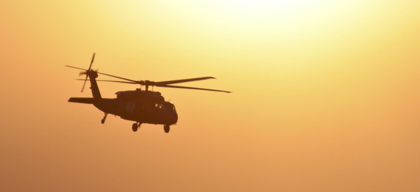 A U.S. Army UH-60 Black Hawk helicopter takes off from Bagram Air Field, Afghanistan in 2011.