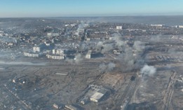 Smoke rises after Russian forces shelled the city of Bakhmut, in Ukraine's Donetsk Oblastm on January 27, 2023.