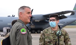 Lt. Gen. Michael Minihan (since promoted to full general) speaks with airmen before to piloting a C-130J Super Hercules flight at Little Rock Air Force Base, Arkansas, on Sept. 17, 2021.