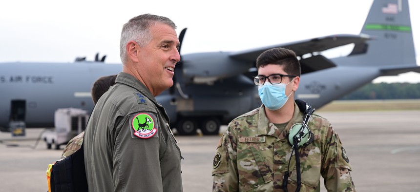 Lt. Gen. Michael Minihan (since promoted to full general) speaks with airmen before to piloting a C-130J Super Hercules flight at Little Rock Air Force Base, Arkansas, on Sept. 17, 2021.