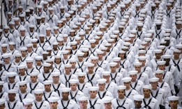 Graduating recruits stand in formation at the U.S. Navy's Recruit Training Command in 2019.