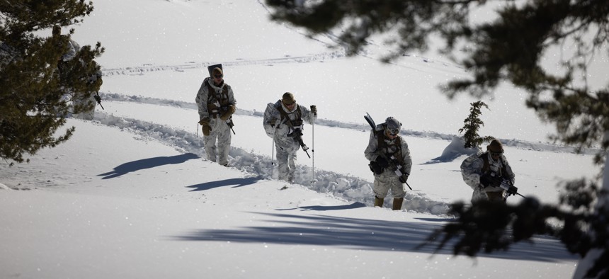 U.S. Marines with 2d Battalion, 8th Marine Regiment, 2d Marine Division, conduct a tactical movement during Mountain Warfare Training Exercise 2-23 on Marine Corps Mountain Warfare Training Center, Bridgeport, California, Jan. 21, 2023.